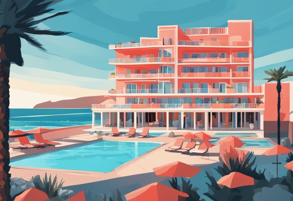 Moderne digitale Illustration des Margadina Hotels in Ayia Napa mit korallfarbenem Thema, azurblauen Pools im Vordergrund und dem Mittelmeer im Hintergrund.