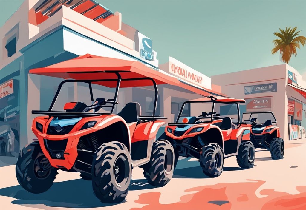 Moderne digitale Illustration eines Quadbike-Verleihs in Ayia Napa mit einer Flotte von Quadbikes, Hauptfarbthema Koralle, für abenteuerlustige Touristen.