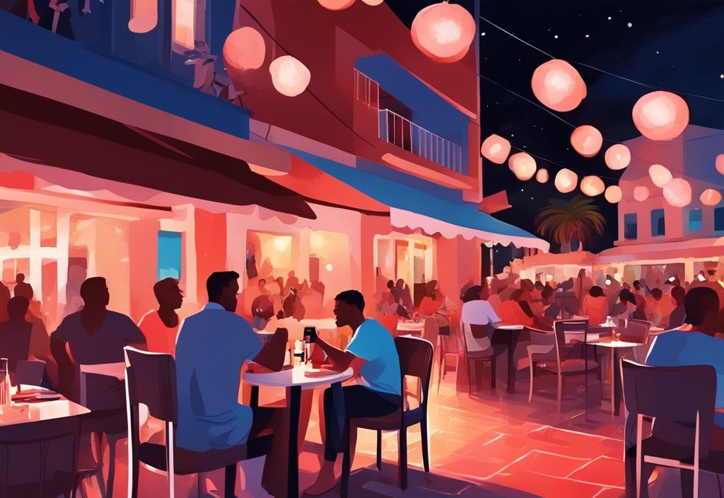 Vibrante Nachtszene am Ayia Napa Square mit lebhaften Restaurants, blinkenden Lichtern und Menschen, die die geschäftige Atmosphäre genießen, in modernen digitalen Farben.