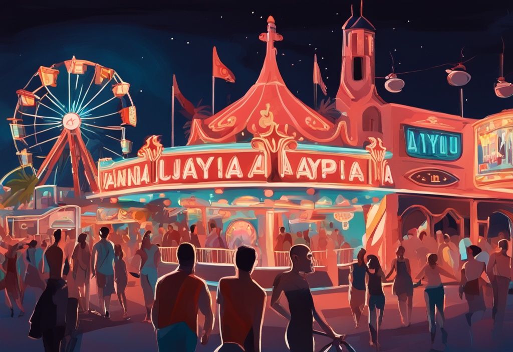 Moderne digitale Malerei, die den Luna Park Ayia Napa bei Nacht zeigt, mit leuchtenden Fahrgeschäften, fröhlichen Besuchern und lebhaften Jahrmarktattraktionen in Korallfarben.