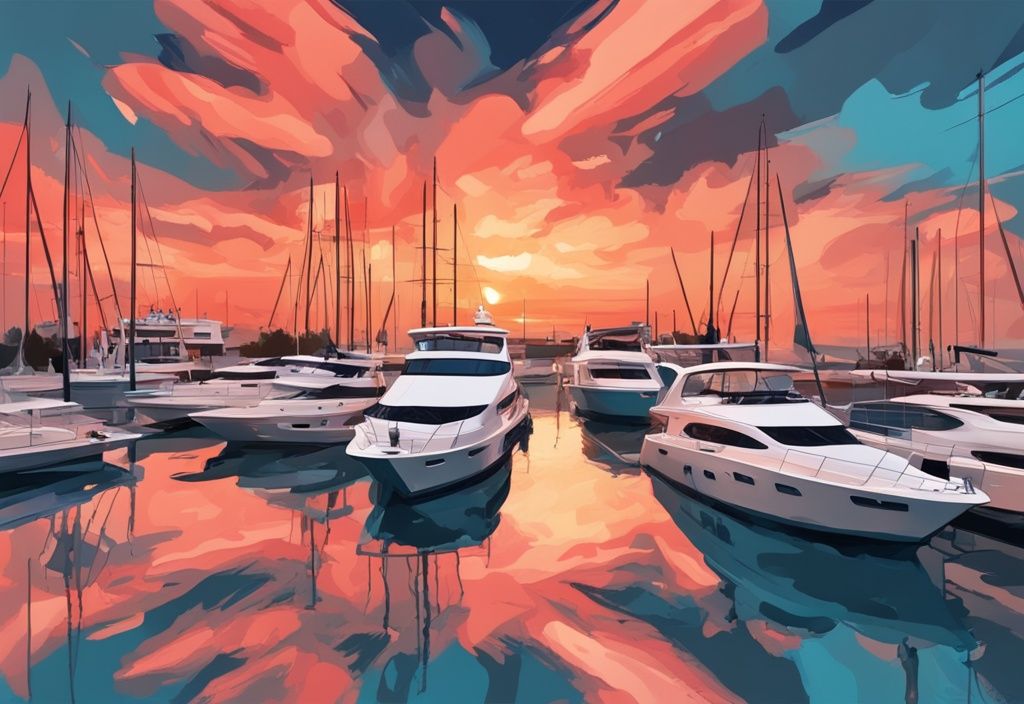 Idyllische Ansicht der Ayia Napa Marina bei Sonnenuntergang mit luxuriösen Yachten vor einem lebhaften Himmel, moderne digitale Malerei, Hauptfarbe Koralle.