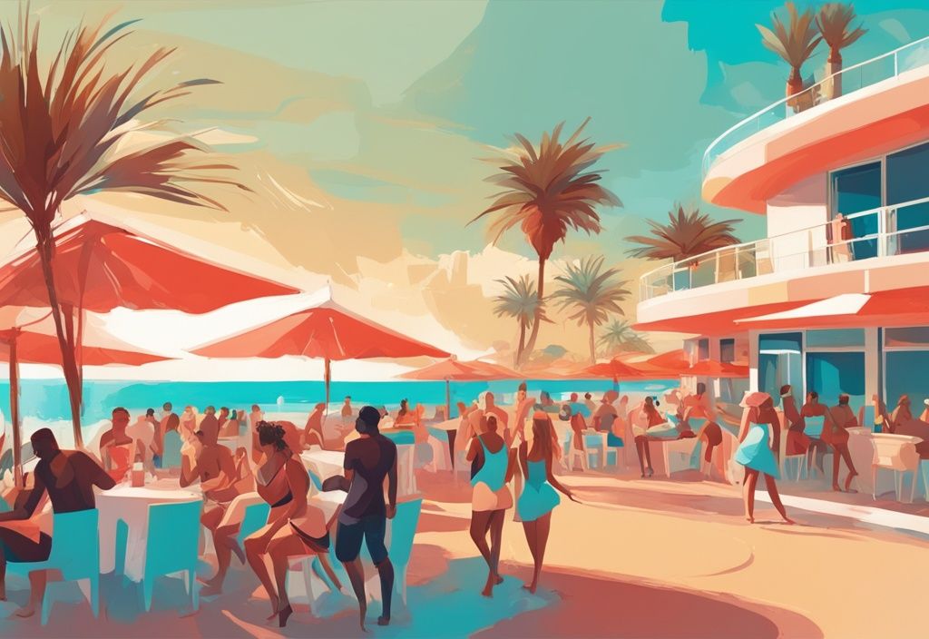 Moderne digitale Malerei, Ayia Napa Beach Club, Korallenfarben, türkisfarbenes Meer, goldener Strand, Menschen tanzen und genießen, klarer blauer Himmel.