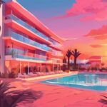 Moderne digitale Malerei mit Korallenfarben, Sonnenuntergangsansicht des Nestor Hotel Ayia Napa, üppige Gärten und glitzernder Pool im Vordergrund.