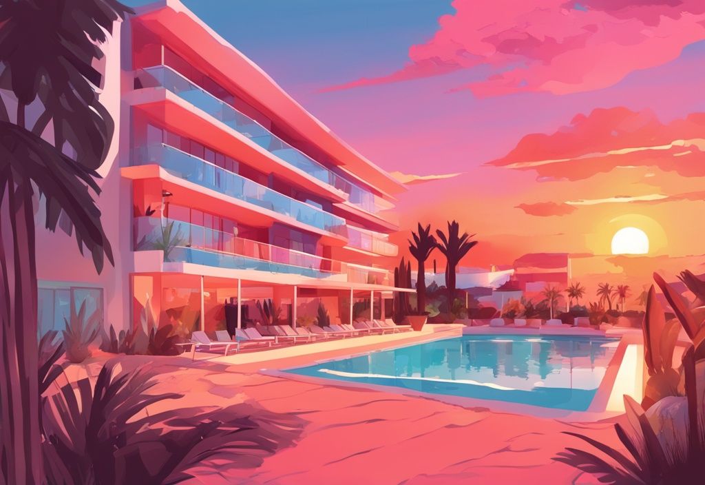 Moderne digitale Malerei mit Korallenfarben, Sonnenuntergangsansicht des Nestor Hotel Ayia Napa, üppige Gärten und glitzernder Pool im Vordergrund.