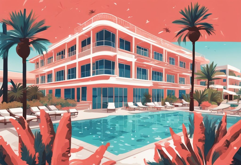 Moderne digitale Illustration des luxuriösen Faros Hotels in Ayia Napa, umgeben von üppigen Palmen, makellosen Pools und dem funkelnden Mittelmeer im Hintergrund, Hauptfarbthema Koralle.