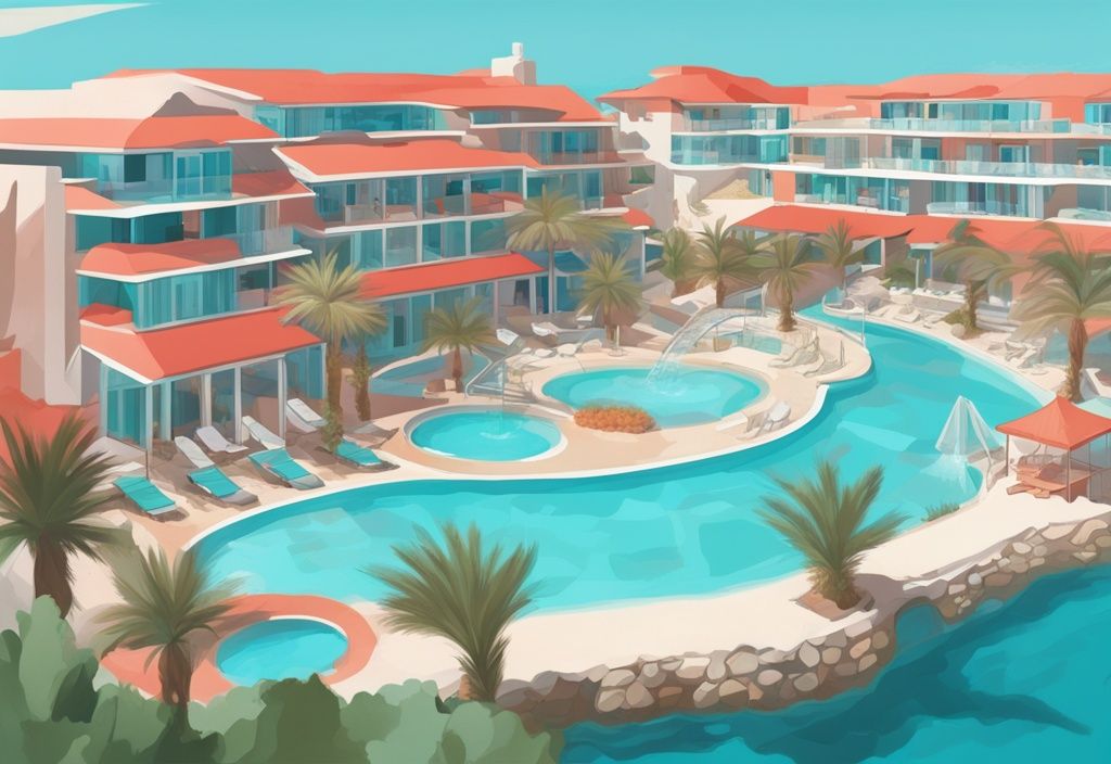 Moderne digitale Malerei, die das luxuriöse Atlantica Mare Village Ayia Napa mit seiner beeindruckenden Architektur, üppigen Gärten und einladenden türkisfarbenen Pools vor dem kristallklaren Mittelmeer zeigt.