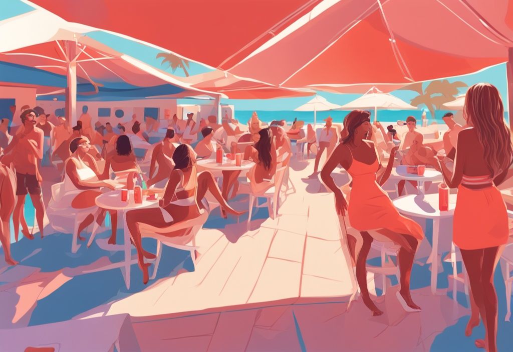 Modernes digitales Gemälde einer lebhaften Strandclub-Szene in Ayia Napa, Zypern, mit sonnenverwöhnten Touristen, die zu DJ-Musik tanzen, Cocktails genießen und in Strandkabinen entspannen, Hauptfarbthema Koralle.