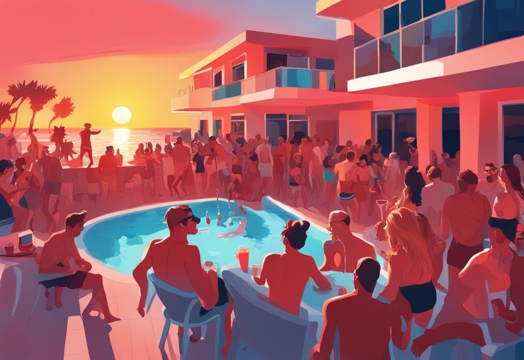 Energiegeladene Menge feiert am Pool eines modernen Hotels in Ayia Napa bei Sonnenuntergang, digitale Malerei in Korallentönen.