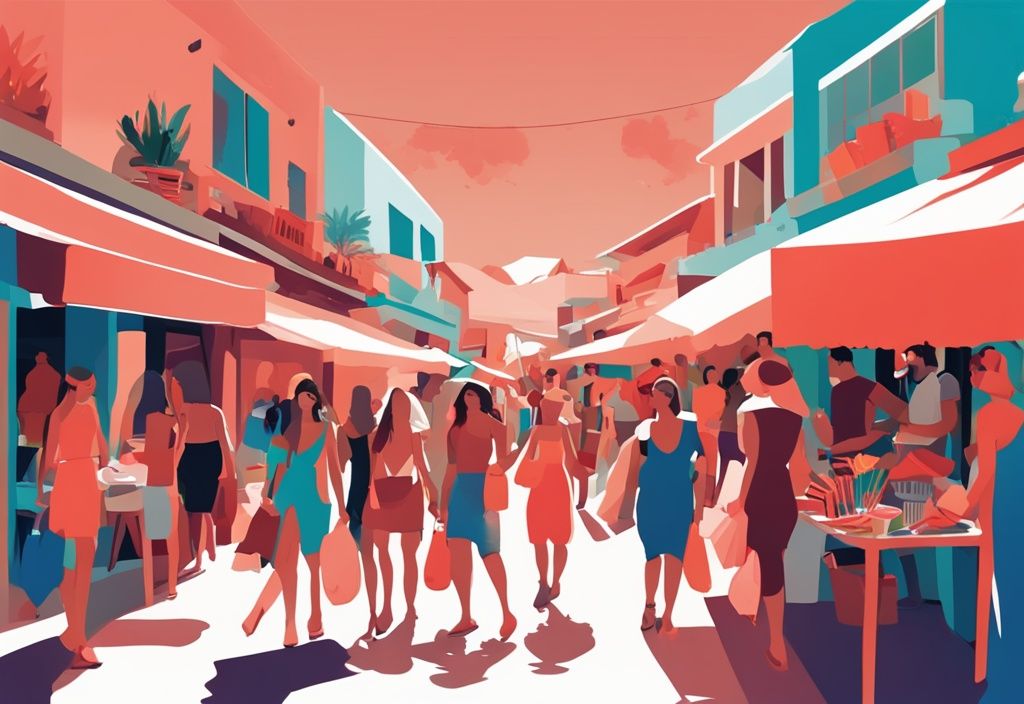 Moderne digitale Malerei von Ayia Napa Shopping, lebendige Szene von Käufern, die verschiedene Boutiquen und Stände in den belebten Straßen erkunden, Hauptfarbe Koralle.