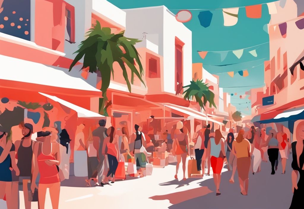 Moderne digitale Illustration von Ayia Napa Shopping mit Käufern, die lebhafte Boutiquen und Stände in den geschäftigen Straßen erkunden, in Korallentönen.