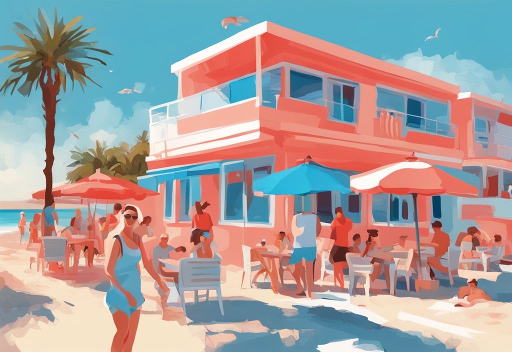 Moderne digitale Malerei von Ayia Napa im Mai mit klarem blauem Himmel, angenehmem Sonnenschein und Touristen am Strand, ayia napa wetter mai.