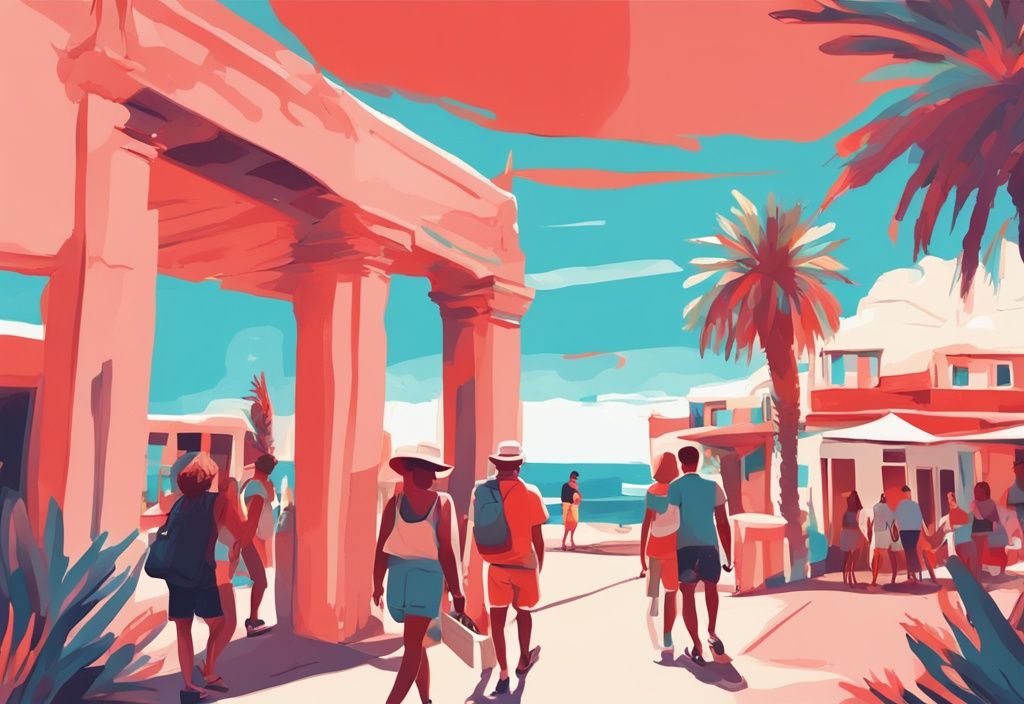 Moderne digitale Malerei von fröhlichen Touristen, die die berühmten Sehenswürdigkeiten von Ayia Napa, Zypern unter einem strahlend sonnigen Himmel erkunden, Hauptfarbe Koralle.