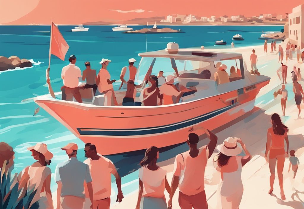 Moderne digitale Malerei einer Gruppe von Menschen, die freudig eine Bootstour Zypern Ayia Napa unternehmen, mit malerischer Küstenlandschaft im Hintergrund, Hauptfarbe Koralle.