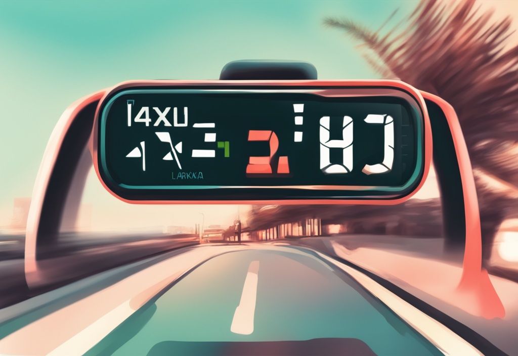 Moderne digitale Malerei mit Hauptfarbe Koralle, die ein Taxameter mit Fahrpreis anzeigt, vor verschwommenem Hintergrund der malerischen Strecke von Larnaca nach Ayia Napa - larnaca ayia napa taxi price.