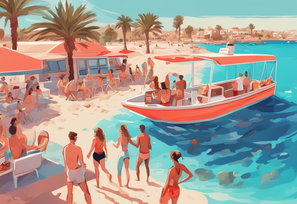 Digitale Malerei von Freunden beim Schnorcheln und Cocktails trinken auf einem Bootsausflug vor den kristallklaren Gewässern und Sandstränden von Ayia Napa.