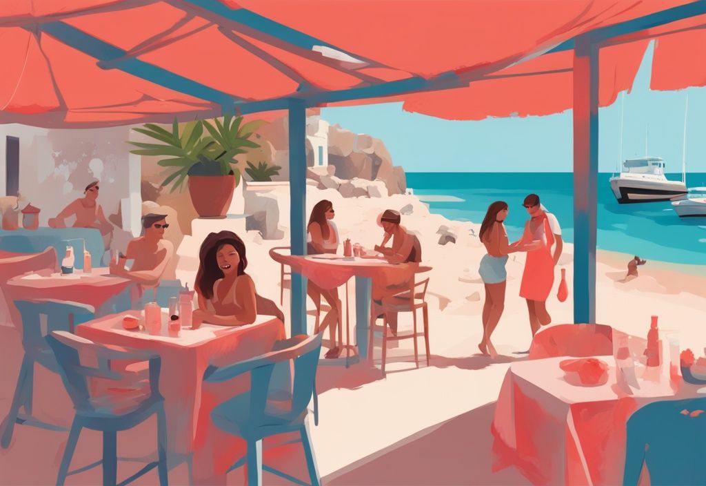 Moderne digitale Malerei in Korallenfarben zeigt entspannten Einheimischen, der auf versteckte Schätze in Ayia Napa wie einen geheimen Strand, eine abgelegene Taverne und eine übersehene historische Stätte hinweist.