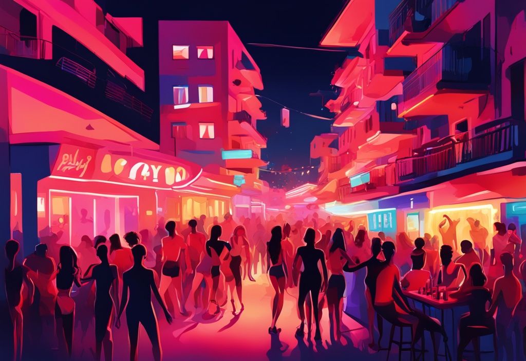 Moderne digitale Malerei, die das Nachtleben auf dem Ayia Napa Strip zeigt, mit Menschenmengen, die vor neonbeleuchteten Bars und Clubs feiern, in Korallenfarben.