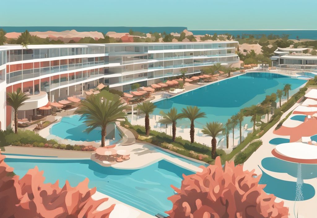 Panoramablick auf das Olympic Lagoon Resort Ayia Napa mit beeindruckenden Pools, üppigem Grün und Resortgebäuden im Hintergrund, digital gemalt in Korallentönen.