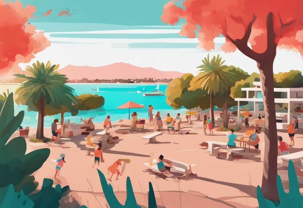 Moderne digitale Illustration eines lebendigen Parks in Ayia Napa mit Korallenfarbthema, Familien beim Picknick, spielenden Kindern und Meerblick im Hintergrund.