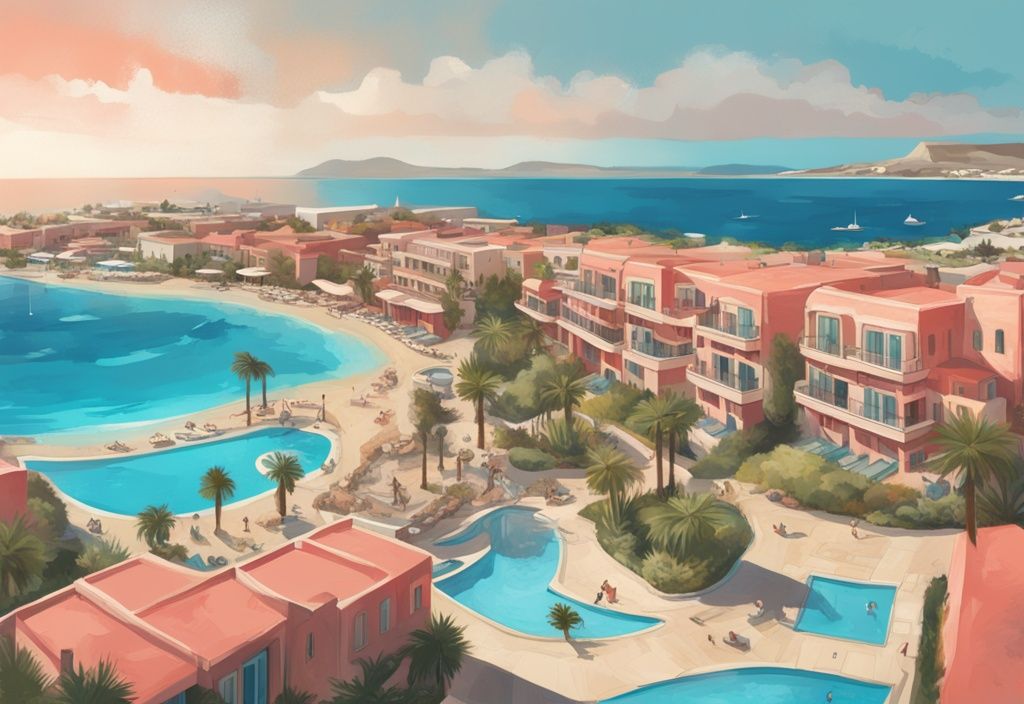 Moderne digitale Malerei des Atlantica Mare Village in Ayia Napa mit luxuriösen Pools, üppigen Landschaften und dem funkelnden Mittelmeer im Hintergrund in Korallenfarben