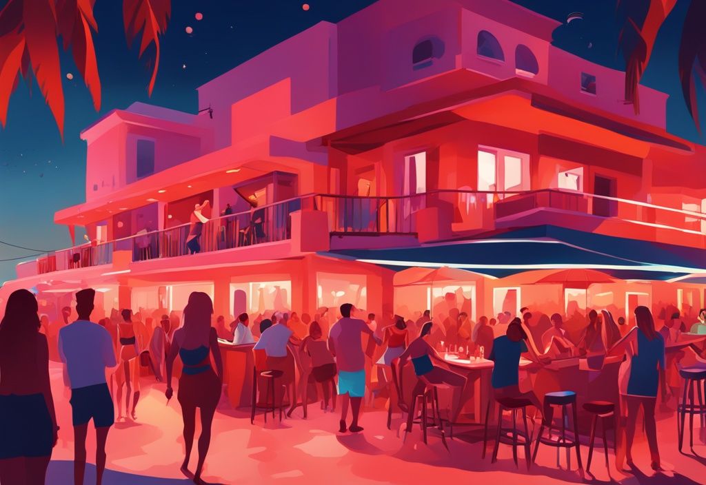 Moderne digitale Malerei, lebhaftes Nachtleben in Ayia Napa, Menschen genießen Bars, farbenfrohe Beleuchtung, Hauptfarbe Koralle.