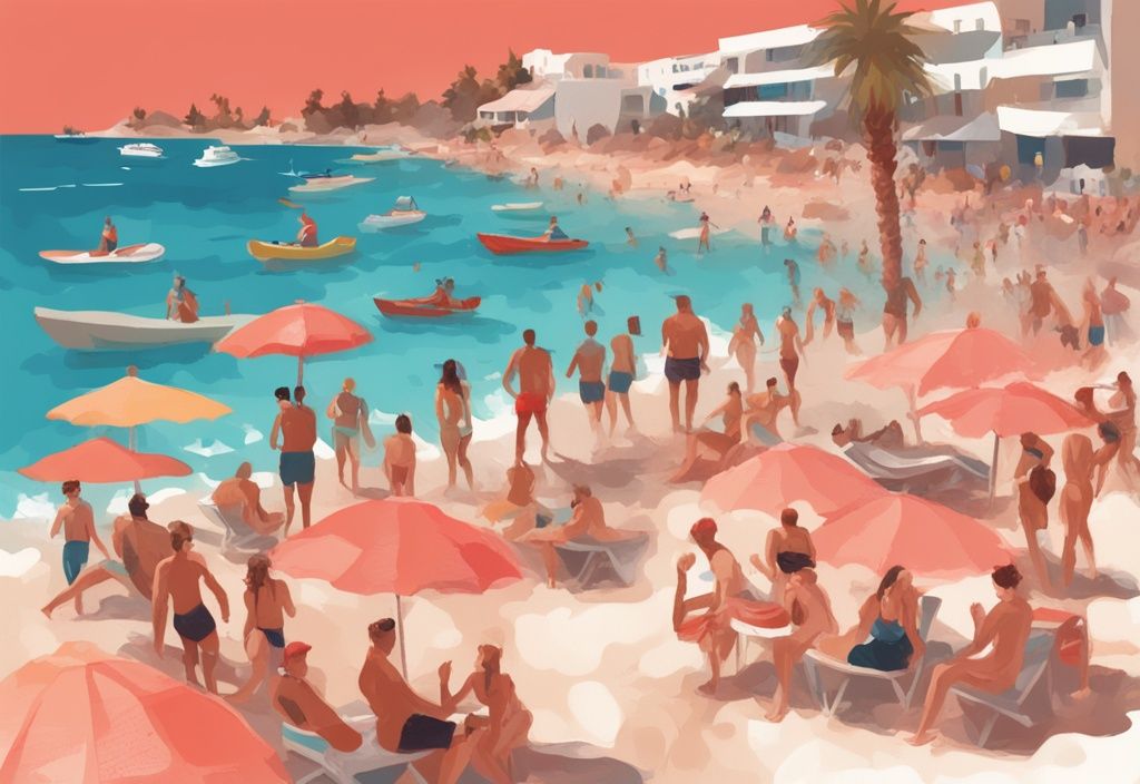 Moderne digitale Malerei von einem lebhaften Strand in Ayia Napa mit vielen Menschen, die an verschiedenen Wassersportaktivitäten wie Jetski, Parasailing und Tauchen teilnehmen; Hauptfarbthema Koralle; ayia napa aktivitäten