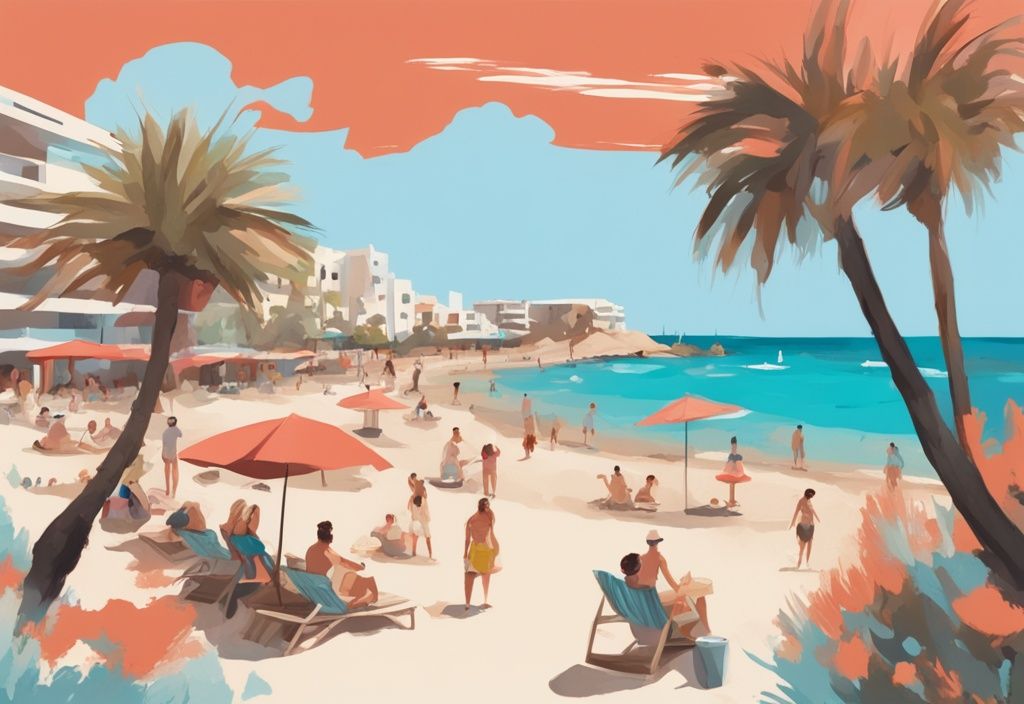 Moderne digitale Malerei von einem malerischen Strand in Ayia Napa an einem sonnigen Junitag mit klarem blauen Himmel, sanften Wellen und glücklichen Touristen, die das warme Wetter genießen.