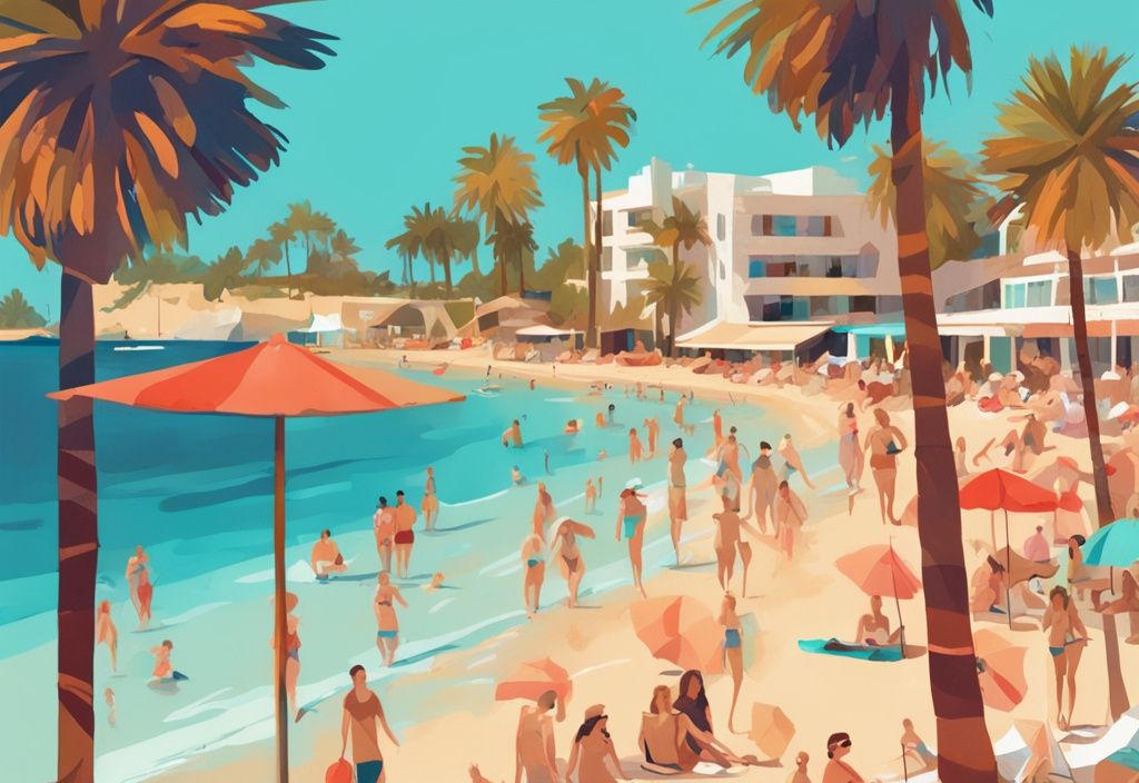 Moderne digitale Malerei von Ayia Napa Strand mit kristallklarem Wasser, goldenem Sand, üppigen Palmen und fröhlichen Urlaubern unter der strahlenden Sommersonne.