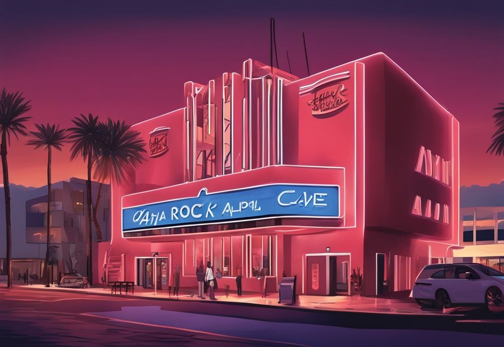 Moderne digitale Malerei des Hard Rock Cafe Ayia Napa mit ikonischem Neonschild vor mediterranem Abendhimmel in Korallenfarben.