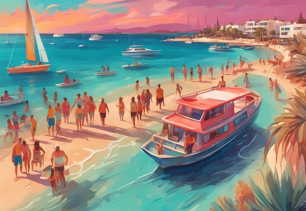 Moderne digitale Malerei, fröhliche Touristen auf einem lebhaften Boot in Ayia Napa, Zypern, kristallklares Wasser, atemberaubende Küste, lebendiger Sonnenuntergang im Hintergrund