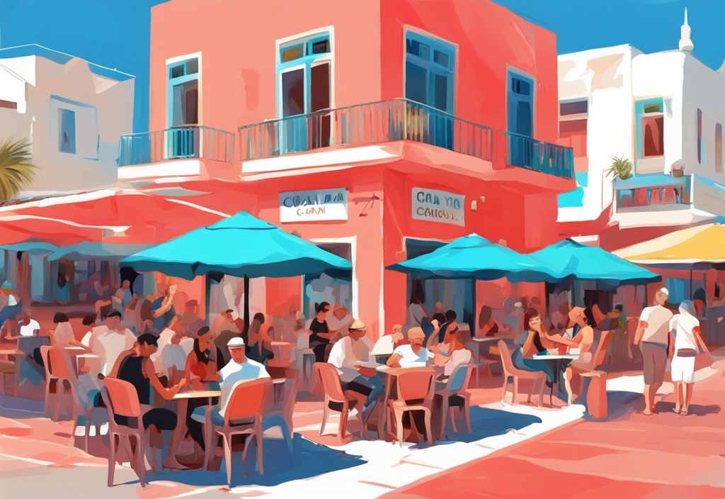 Moderne digitale Malerei von Ayia Napa Square in Zypern, mit lebhaften Cafés, geschäftigen Touristen und bunten Geschäften unter dem sonnigen Mittelmeerhimmel, Hauptfarbe Koralle