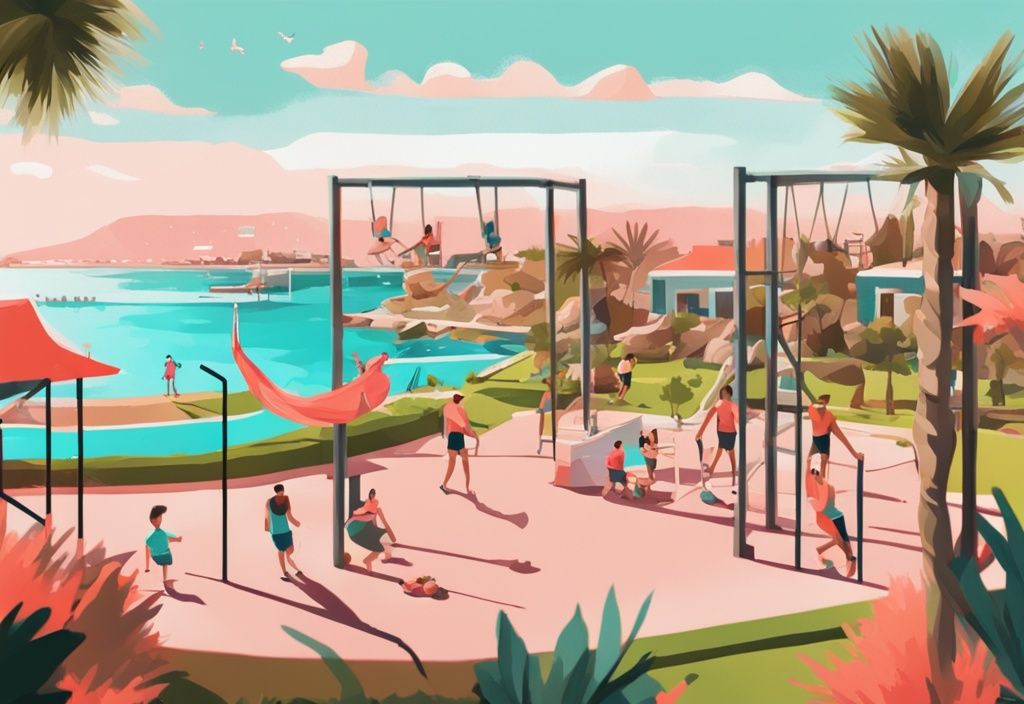 Moderne digitale Malerei eines lebhaften Parks in Ayia Napa mit Familien beim Picknick, spielenden Kindern und Meerblick im Hintergrund, Hauptfarbe Koralle.