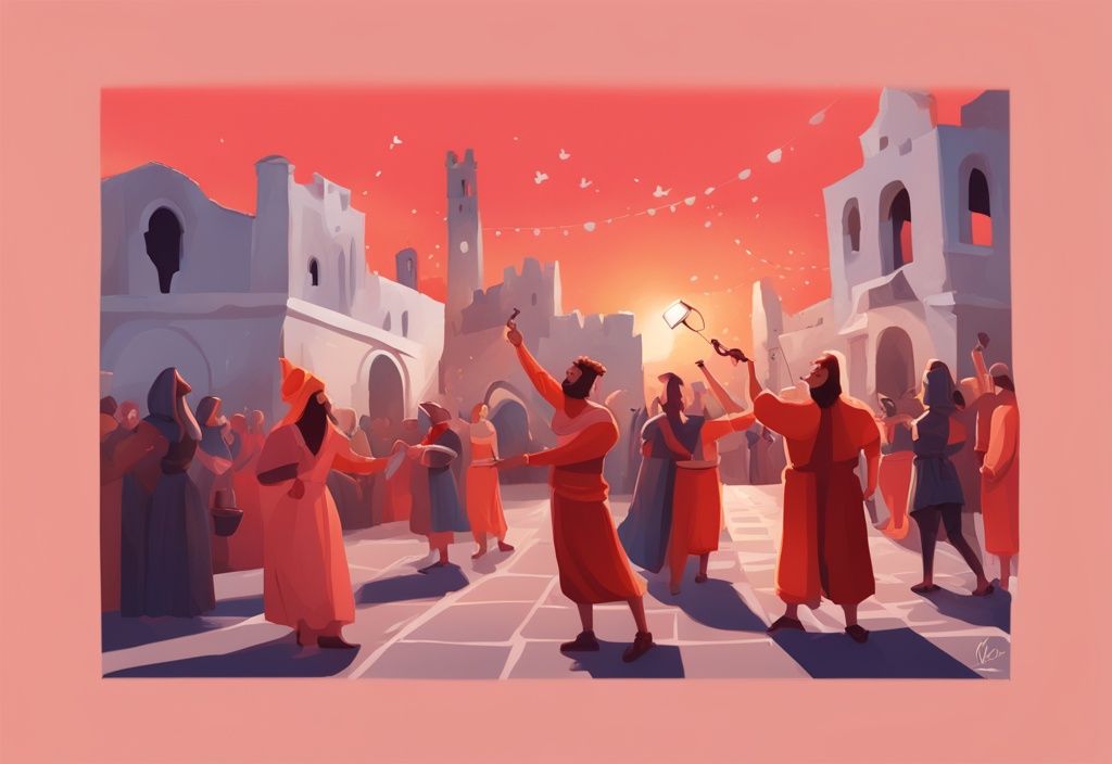 Digitale Illustration des Ayia Napa Medieval Festival 2023 mit mittelalterlichen Unterhaltungskünstlern und Rittern vor historischen Monumenten bei Abendbeleuchtung in Korallenfarben.