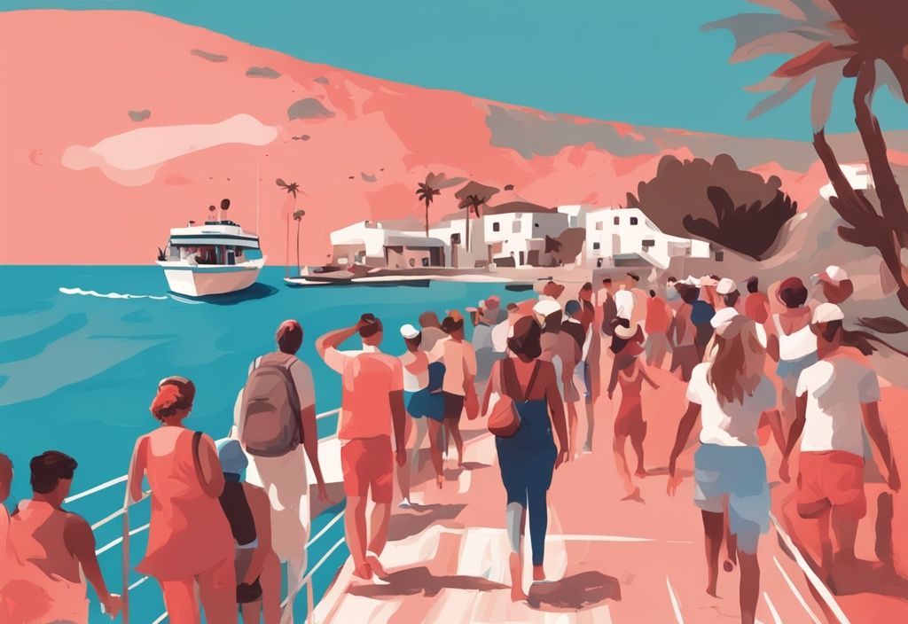 Moderne digitale Malerei einer Gruppe von Menschen, die freudig eine Bootstour in Ayia Napa, Zypern unternehmen, mit malerischer Küstenlandschaft im Hintergrund. Keyword: bootstour zypern ayia napa