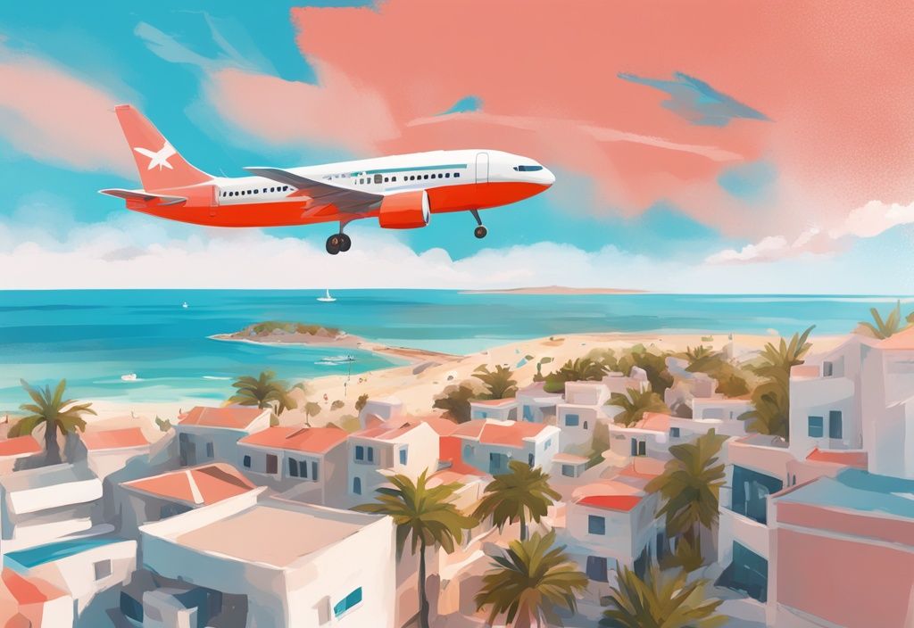 Modernes digitales Gemälde eines Flugzeugs im Flug über der sonnigen Strandstadt Ayia Napa mit klarem blauen Wasser im Hintergrund, ayia napa járatok.