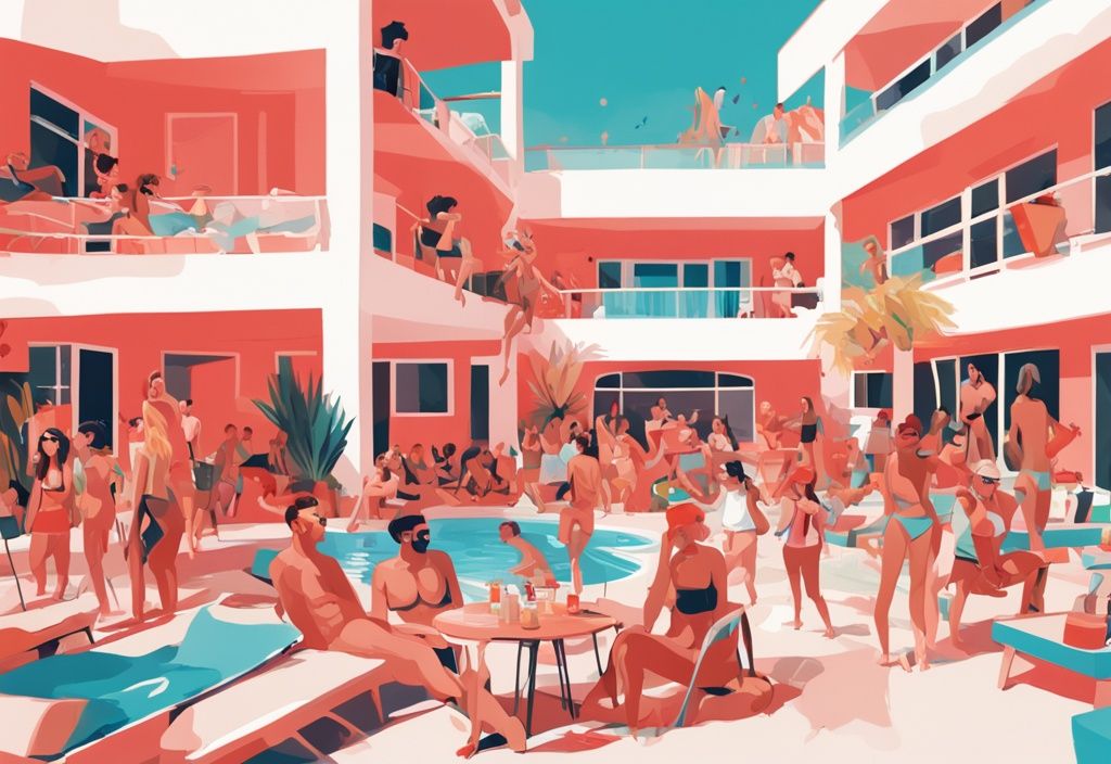 Moderne digitale Malerei von einem lebhaften Party-Hotel in Ayia Napa mit Korallenfarben, Poolaktivitäten, DJs und feiernden jungen Erwachsenen.