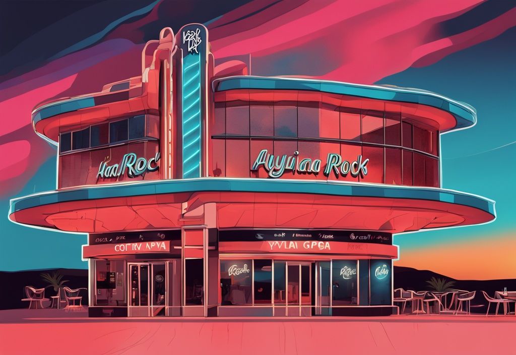 Moderne digitale Malerei des Hard Rock Cafe Ayia Napa mit ikonischem Neonschild vor mediterranem Abendhimmel in Korallenfarbe.