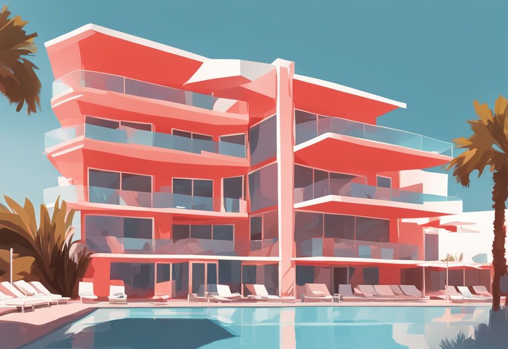 Luxuriöse Außenansicht des Amarande Hotel Ayia Napa unter der strahlenden Mittelmeersonne in einer modernen digitalen Illustration mit Korallenfarben.