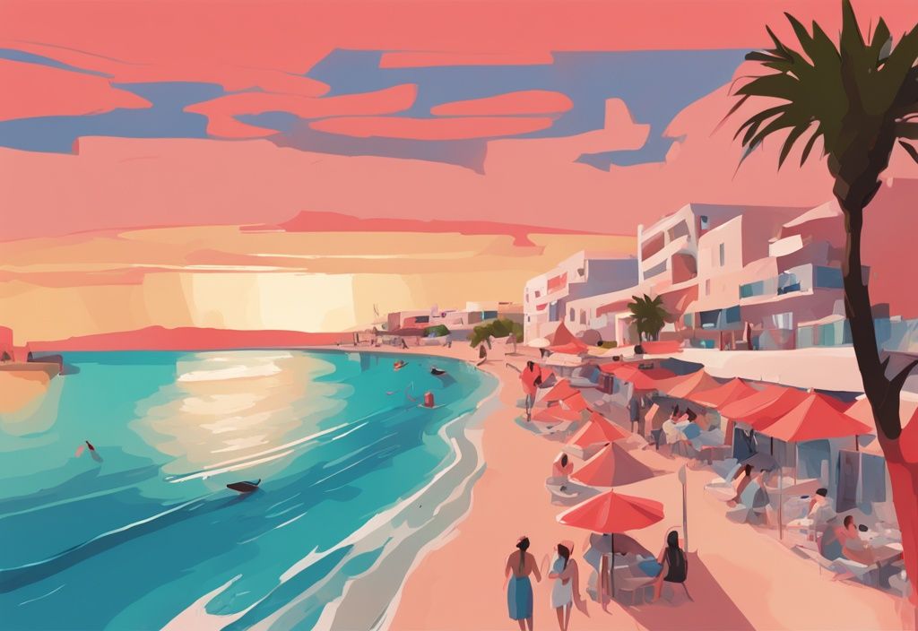 Moderne digitale Illustration von Ayia Napa mit Schwerpunkt auf Korallenfarben, zeigt weniger überfüllte Strände, berühmte Bars und einzigartige lokale Restaurants - ayia napa geheimtipps.