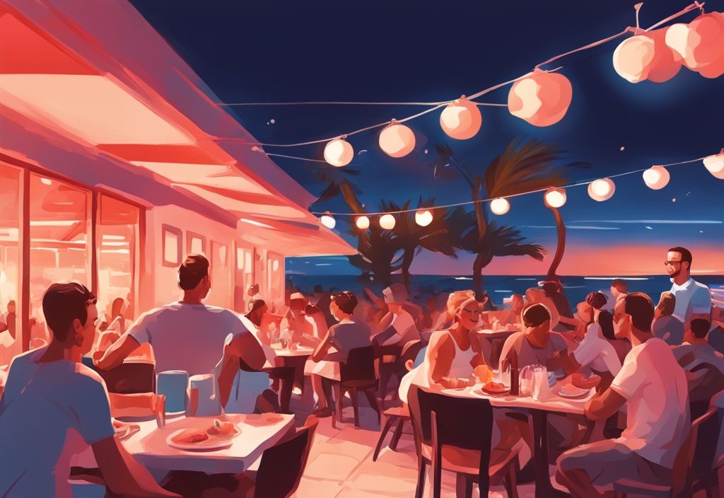 Lebhaftes Outdoor-Dining-Szene in einem berühmten Ayia Napa Restaurant bei Abenddämmerung, Menschen genießen leckeres Essen unter dem schönen Abendhimmel, moderne digitale Malerei in Korallenfarben.