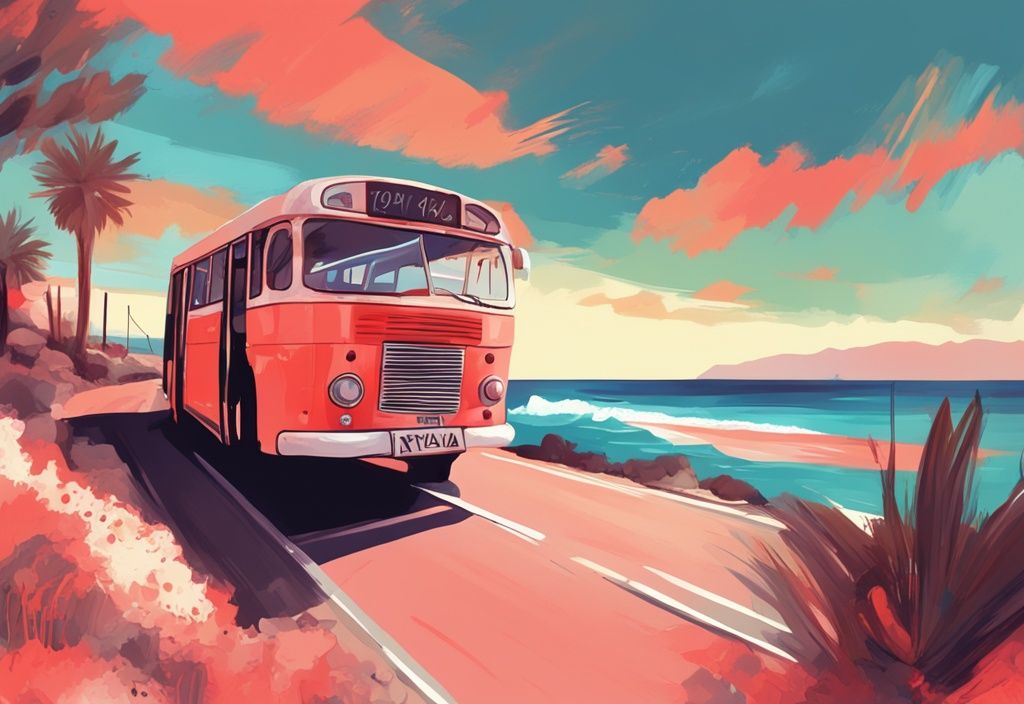 Moderner digitaler Gemäldeillustration mit einem farbenfrohen Bus "101" entlang der malerischen Küste von Ayia Napa.