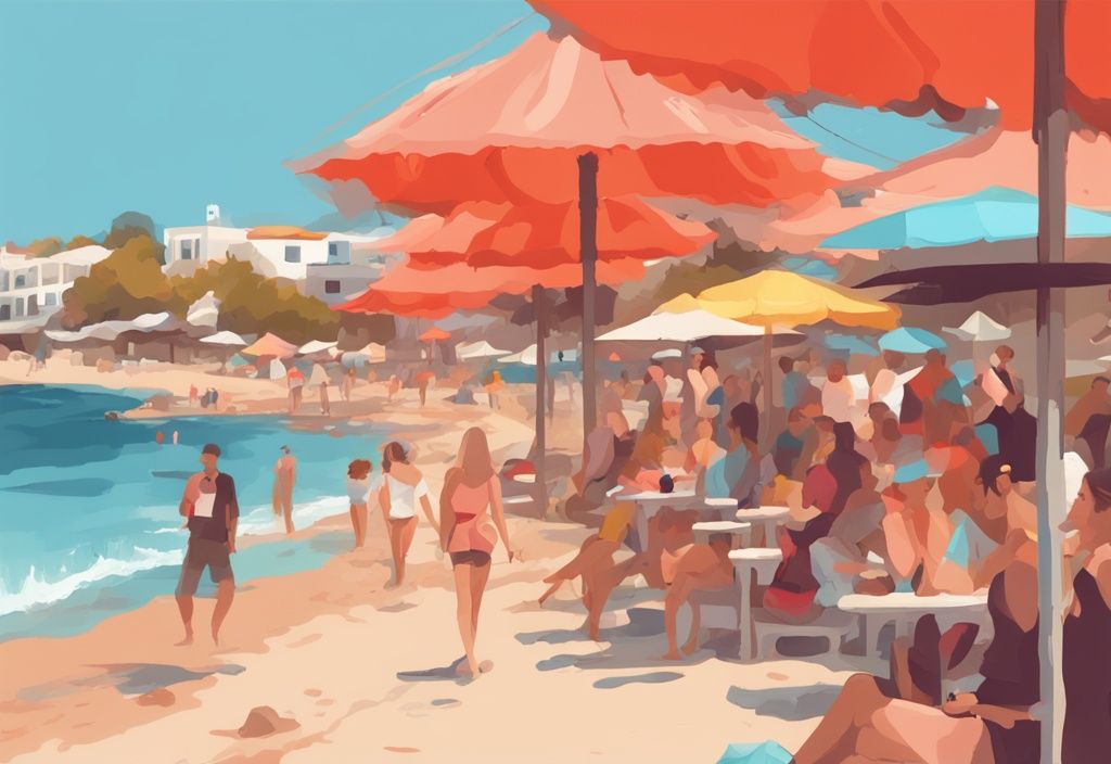 Moderne digitale Malerei, Strand Szene in Ayia Napa, Zypern, Touristen genießen warmes Oktoberwetter, sichtbare Sonnenschirme, sanfte Wellen, Herbstlaub im Hintergrund, Hauptfarbe Koralle.