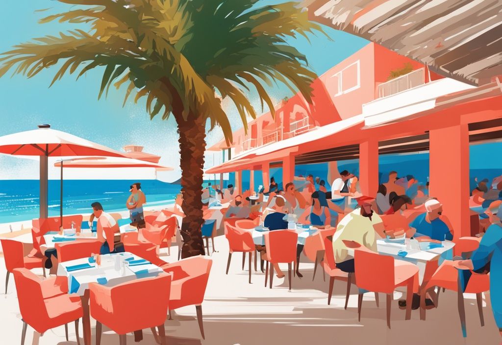 Moderne digitale Malerei eines belebten Freiluftrestaurants in Ayia Napa, umgeben von Palmen, weißem Sandstrand und azurblauem Mittelmeer, mit Gästen, die kulinarische Köstlichkeiten an einem sonnigen Tag genießen.