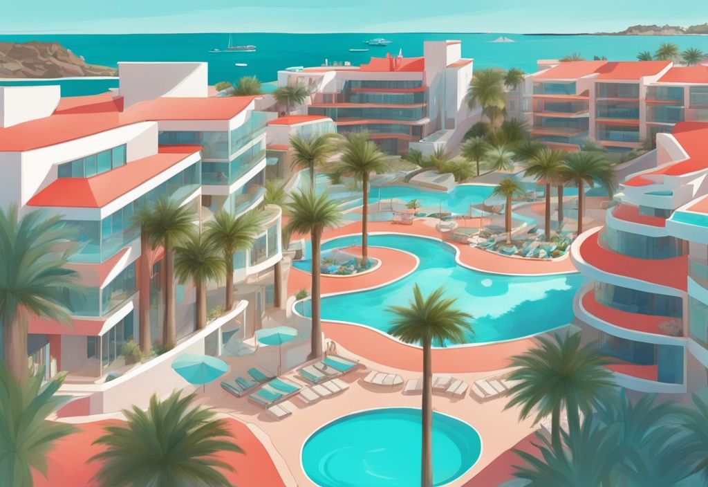 Moderne digitale Malerei des Atlantica Mare Village Ayia Napa mit luxuriöser Architektur, üppigen Gärten und türkisfarbenen Pools vor dem kristallklaren Mittelmeer.