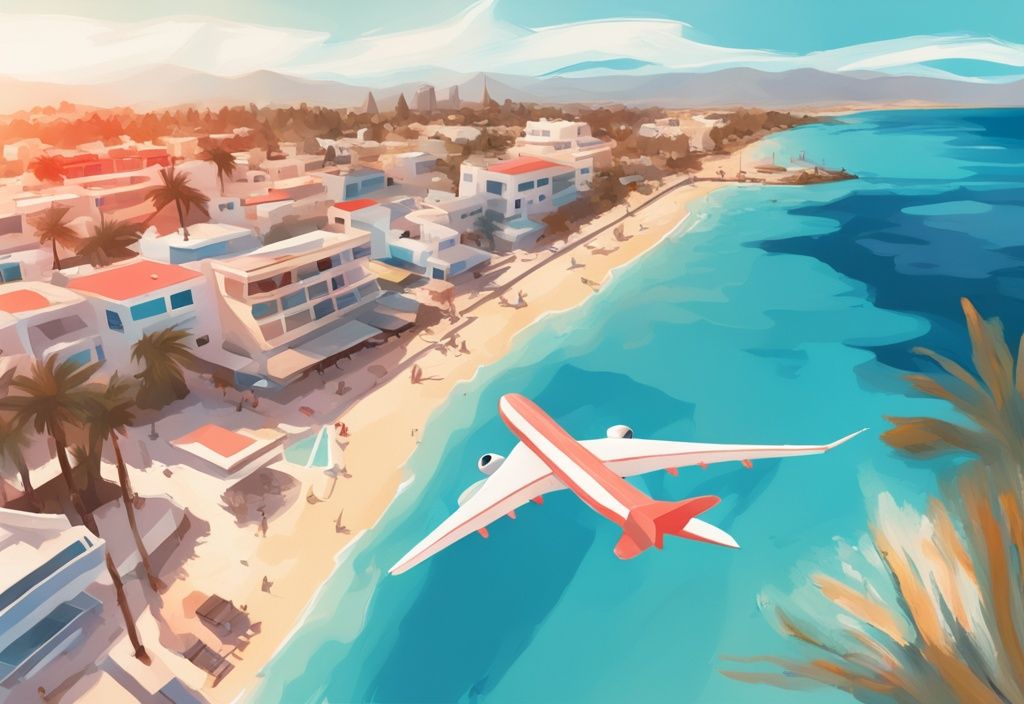 Ein modernes digitales Gemälde mit einem Flugzeug im Flug vor der sonnigen Strandstadt Ayia Napa und ihrem klaren blauen Wasser. Hauptfarbthema: Koralle. ayia napa járatok