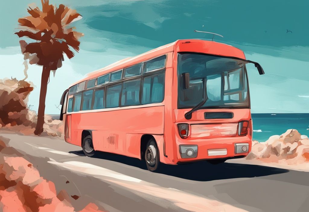 Moderner digitaler Gemäldeillustration eines bunten Busses mit der Nummer "101", der entlang der malerischen Küste von Ayia Napa fährt. Hauptfarbthema ist Koralle. Keyword: ayia napa bus 101