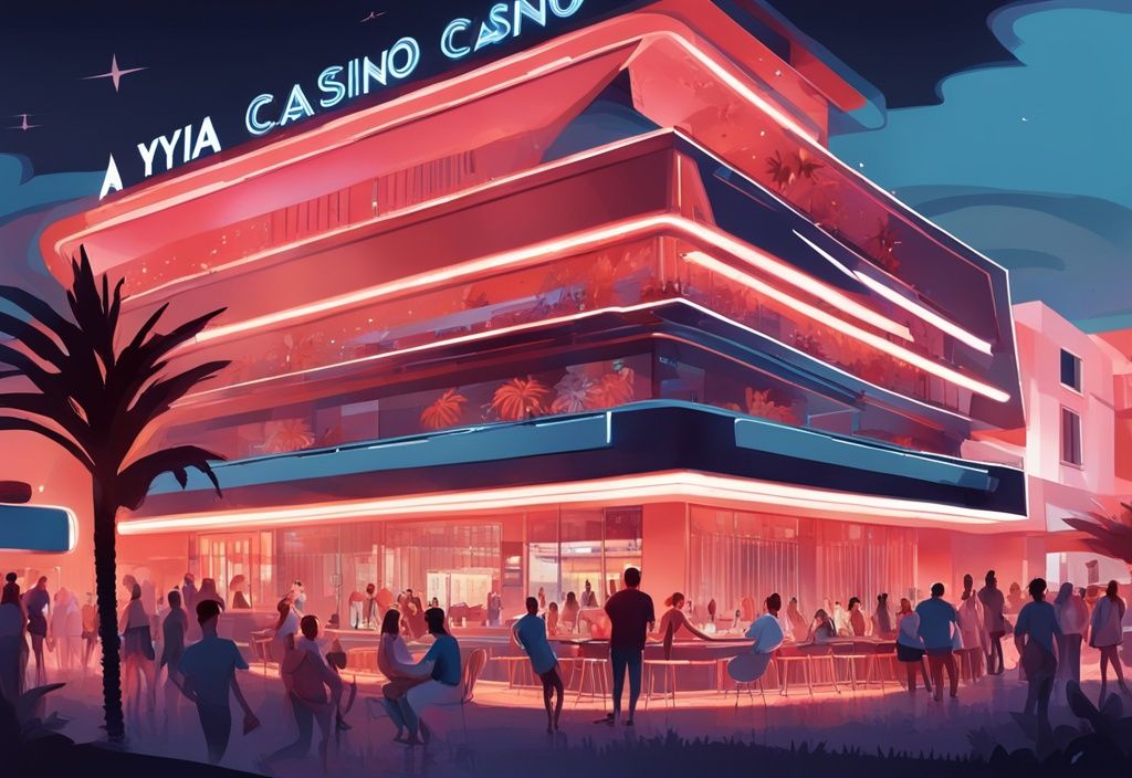 Moderne digitale Malerei von Ayia Napa Casino bei Nacht, beleuchtet und voller Menschen, die Spiele und Unterhaltung genießen, in Korallenfarben.