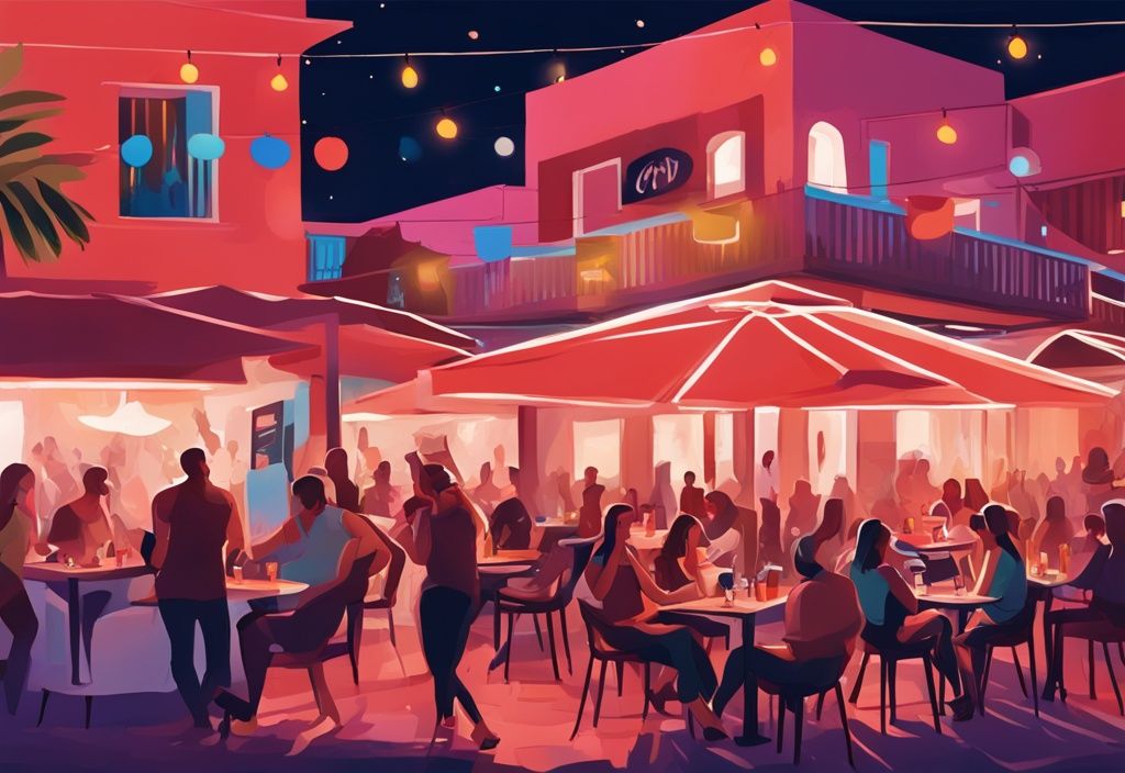 Moderne digitale Malerei von Ayia Napa Square bei Nacht, mit lebhaften Restaurants, blinkenden Lichtern und Menschen in einer pulsierenden Atmosphäre in Korallenfarben.