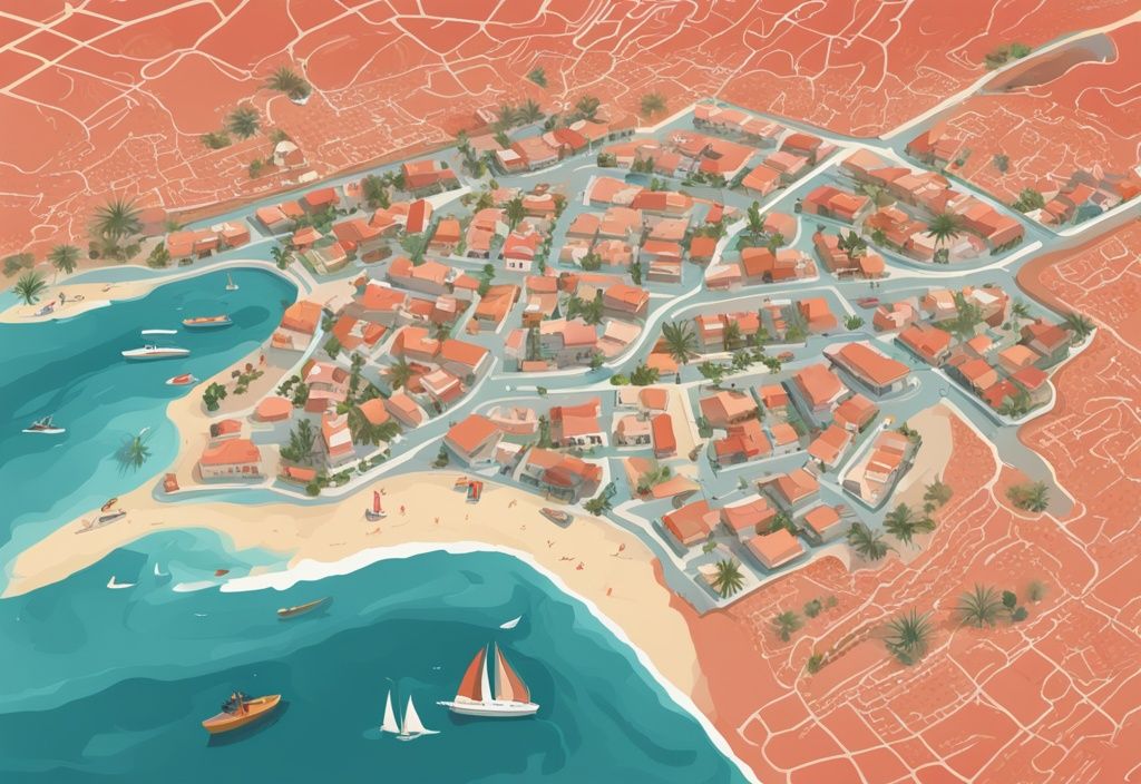 Moderne digitale Illustration in Korallenfarben, die eine detaillierte Karte von Ayia Napa mit beliebten Orten und Straßen zeigt.