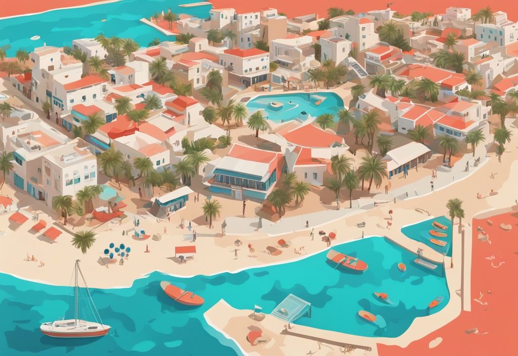 Moderne digitale Illustration in Korallenfarben mit Vogelperspektive auf Ayia Napa, zeigt wichtige Sehenswürdigkeiten, Straßen und Attraktionen auf einer farbenfrohen Karte – ayia napa maps.